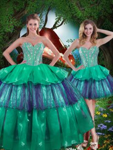 Turquoise Sleeveless Organza Lace Up Sweet 16 Dress for Military Ball and Sweet 16 and Quinceanera