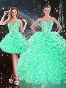 Charming Organza Sweetheart Sleeveless Lace Up Beading and Ruffles Quinceanera Dresses in Apple Green