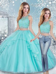 Adorable Aqua Blue Quinceanera Dresses Military Ball and Sweet 16 and Quinceanera with Beading and Lace and Sashes ribbons Scoop Sleeveless Clasp Handle
