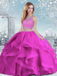Organza Scoop Sleeveless Clasp Handle Beading and Ruffles Quinceanera Dress in Fuchsia
