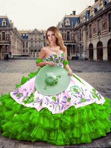 Green Ball Gowns Embroidery and Ruffled Layers Sweet 16 Dresses Lace Up Organza Sleeveless Floor Length