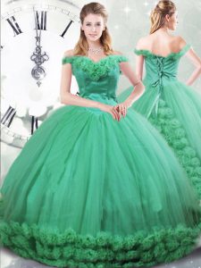 Turquoise Sleeveless Hand Made Flower Lace Up 15 Quinceanera Dress
