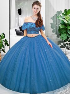 Blue Sleeveless Floor Length Lace Lace Up 15th Birthday Dress