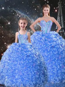 Sweetheart Sleeveless 15th Birthday Dress Floor Length Beading and Ruffles Blue Organza