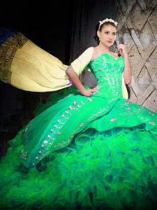 Sweetheart Sleeveless Quinceanera Dresses With Brush Train Embroidery and Ruffles Green Organza