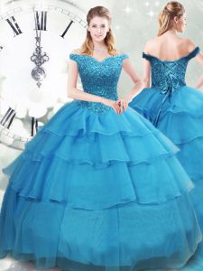 Exceptional Baby Blue Sleeveless Beading and Ruffled Layers Lace Up Ball Gown Prom Dress