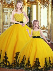 Custom Design Sweetheart Sleeveless Lace Up Sweet 16 Dress Gold Organza
