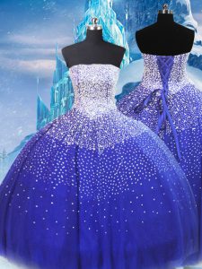 Blue Tulle Lace Up Quinceanera Dress Sleeveless Floor Length Beading