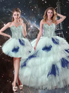 Floor Length Blue And White Quinceanera Gown Sweetheart Sleeveless Lace Up