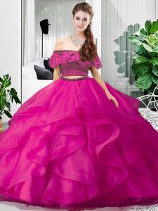 Discount Floor Length Hot Pink Vestidos de Quinceanera Tulle Sleeveless Lace and Ruffles