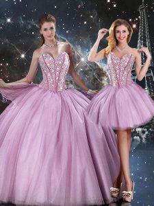Best Lilac Tulle Lace Up Sweetheart Sleeveless Floor Length Ball Gown Prom Dress Beading