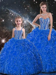 Fashion Blue Ball Gowns Organza Sweetheart Sleeveless Beading and Ruffles Floor Length Lace Up Vestidos de Quinceanera