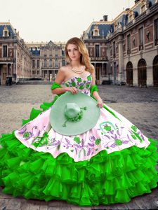 Wonderful Green Ball Gowns Embroidery and Ruffled Layers Sweet 16 Dresses Lace Up Organza and Taffeta Sleeveless Floor Length