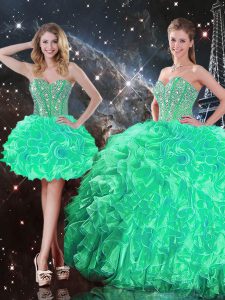 Turquoise Lace Up Sweetheart Beading and Ruffles Sweet 16 Quinceanera Dress Organza Sleeveless