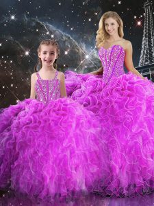 Enchanting Fuchsia Organza Lace Up Sweetheart Sleeveless Floor Length Quinceanera Gowns Beading and Ruffles