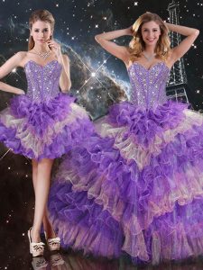 Sweetheart Sleeveless Sweet 16 Quinceanera Dress Floor Length Beading and Ruffled Layers Multi-color Organza