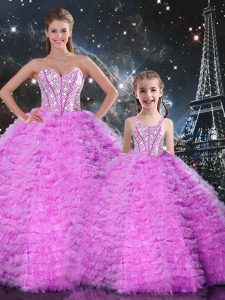 Top Selling Fuchsia Tulle Lace Up Quinceanera Dress Sleeveless Floor Length Beading and Ruffles