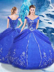 Comfortable Blue Short Sleeves Floor Length Appliques Lace Up Sweet 16 Quinceanera Dress