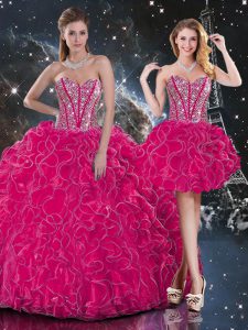 Sleeveless Organza Floor Length Lace Up Sweet 16 Quinceanera Dress in Hot Pink with Beading and Ruffles