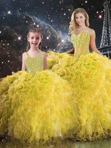 Flare Sweetheart Sleeveless Lace Up Quinceanera Gowns Yellow Organza