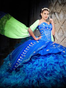 Royal Blue Quinceanera Dresses Organza Brush Train Sleeveless Embroidery and Ruffles