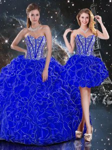 Super Royal Blue Ball Gowns Organza Sweetheart Sleeveless Beading and Ruffles Floor Length Lace Up Quinceanera Dress