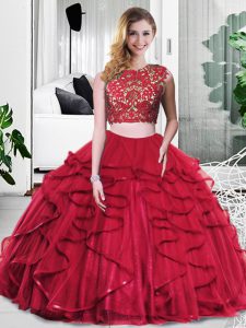 Spectacular Wine Red Sleeveless Lace and Ruffles Floor Length Ball Gown Prom Dress