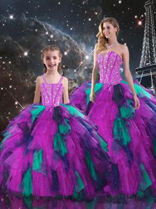 Ideal Floor Length Multi-color Quinceanera Dress Organza Sleeveless Beading and Ruffles