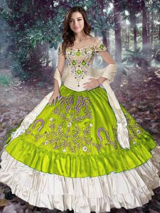 Best Sleeveless Taffeta Floor Length Lace Up 15 Quinceanera Dress in Yellow Green with Embroidery and Ruffled Layers