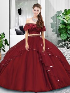 Burgundy Sleeveless Tulle Lace Up Sweet 16 Dresses for Military Ball and Sweet 16 and Quinceanera
