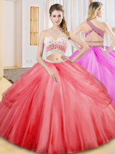 Coral Red Tulle Criss Cross One Shoulder Sleeveless Floor Length Ball Gown Prom Dress Beading and Ruching and Pick Ups
