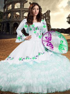 Long Sleeves Organza Floor Length Lace Up 15 Quinceanera Dress in White with Embroidery and Ruffled Layers