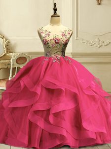 Fantastic Hot Pink Sleeveless Organza Lace Up 15th Birthday Dress for Military Ball and Sweet 16 and Quinceanera