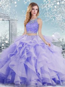 Scoop Sleeveless Ball Gown Prom Dress Floor Length Beading and Ruffles Lavender Organza