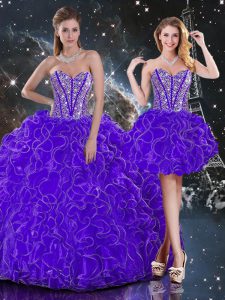 Purple Lace Up Sweetheart Beading and Ruffles Vestidos de Quinceanera Organza Sleeveless