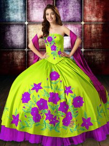 Inexpensive Multi-color Ball Gowns Embroidery 15 Quinceanera Dress Lace Up Satin Sleeveless Floor Length