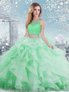 Beautiful Apple Green Organza Clasp Handle Scoop Sleeveless Floor Length 15th Birthday Dress Beading and Ruffles