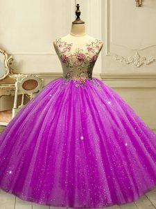 Scoop Sleeveless Sweet 16 Quinceanera Dress Floor Length Appliques and Sequins Fuchsia Tulle