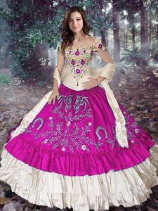 Charming Fuchsia Off The Shoulder Lace Up Embroidery and Ruffled Layers 15 Quinceanera Dress Sleeveless