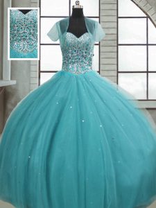 Admirable Sleeveless Tulle Floor Length Lace Up Sweet 16 Quinceanera Dress in Aqua Blue with Beading and Sequins