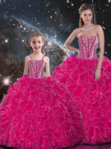Vintage Floor Length Ball Gowns Sleeveless Hot Pink Quinceanera Gown Lace Up
