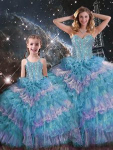Multi-color Organza Lace Up Sweetheart Sleeveless Floor Length Vestidos de Quinceanera Beading and Ruffled Layers