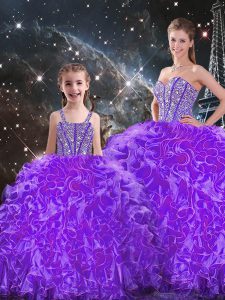 Eggplant Purple Organza Lace Up Sweetheart Sleeveless Floor Length Quinceanera Dresses Beading and Ruffles