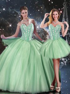 Hot Sale Apple Green Sleeveless Floor Length Beading Lace Up 15th Birthday Dress