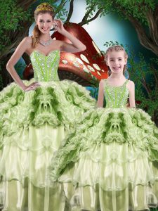 Enchanting Sleeveless Floor Length Beading and Ruffles and Ruffled Layers Lace Up Quinceanera Dress with Yellow Green