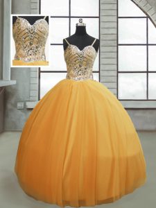 Sophisticated Gold Ball Gowns Beading Quinceanera Gowns Lace Up Tulle Sleeveless Floor Length