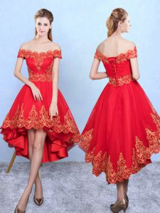 Exceptional Off The Shoulder Sleeveless Lace Up Quinceanera Court of Honor Dress Wine Red Tulle