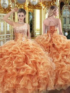 Organza One Shoulder Sleeveless Lace Up Beading and Ruffles Quinceanera Dresses in Orange