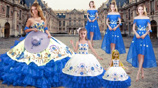 Captivating Organza Sweetheart Sleeveless Lace Up Embroidery and Ruffled Layers Sweet 16 Quinceanera Dress in Royal Blue
