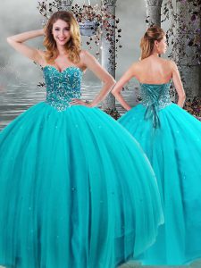 Modest Aqua Blue Sleeveless Floor Length Beading Lace Up Quinceanera Gowns